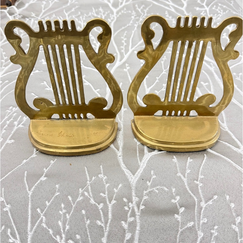 Vintage Brass Lyre Harp Bookends Set of 2 Mid Century Musical Decor Taiwan